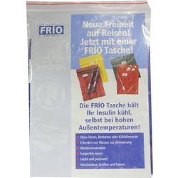 Verpackung der FRÍO Tasche, die Insulin ohne Strom kühl hält, mit Bildern der Taschen.