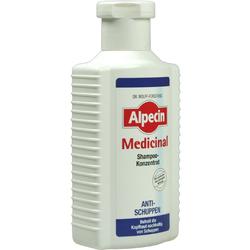 Weiße Shampooflasche mit rotem Alpecin-Logo und blauer Aufschrift "Anti-Schuppen".