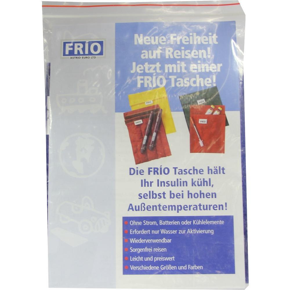 Verpackung der FRÍO Tasche, die Insulin ohne Strom kühl hält, mit Bildern der Taschen.