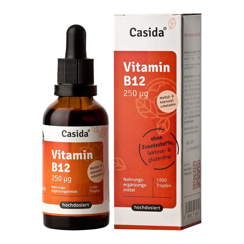 Flasche und Verpackung von Vitamin B12 Nahrungsergänzungsmittel, hochdosiert und glutenfrei.