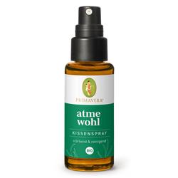 Braunes Fläschchen mit schwarzem Sprühkopf und grünem Etikett für Kissenspray.