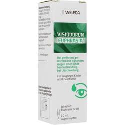 Eine Packung Augentropfen mit grüner und weißer Aufschrift von Weleda.